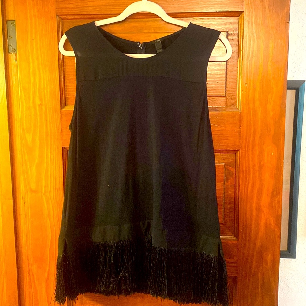 J crew black sleeveless top-zipper back- black fringe on bottom